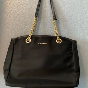 Calvin Klein Tote Bag Black Nylon Gold Chain Straps Zipper Shoulder